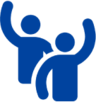 Two simplified figures in blue, facing each other with raised arms, appearing joyful and celebratory, suggesting a sense of fun and friendship.