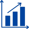A simple blue line graph features three vertical bars of increasing height, representing growth over time. An upward arrow connects the bars, indicating a positive trend. The horizontal and vertical axes are marked, showing how the data changes.