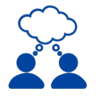 Two simplified human figures are facing each other, with thought bubbles above their heads. The thought bubbles contain small circles, suggesting they are sharing ideas or thinking about the same topic. The figures and bubbles are in a blue color.