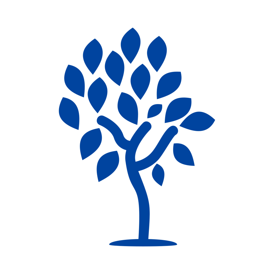 A simple graphic of a tree with a blue trunk and blue leaves, illustrated in a flat design style. The branches curve upward and the leaves are various shapes, creating a lush appearance. The background is white, making the tree stand out clearly.
