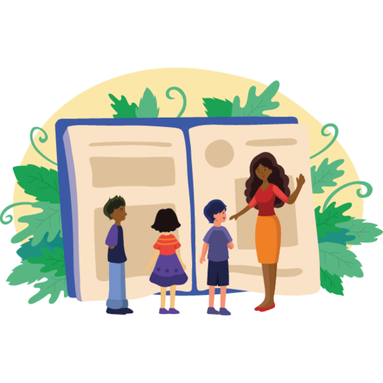 A teacher with long, curly hair in a red top and orange skirt is standing beside a large open book, talking to three children. The children include a boy with dark hair in a purple shirt, a girl in a striped top and purple skirt, and a boy in a blue shirt and cap. Green leaves frame the background, creating a lively and inviting atmosphere.