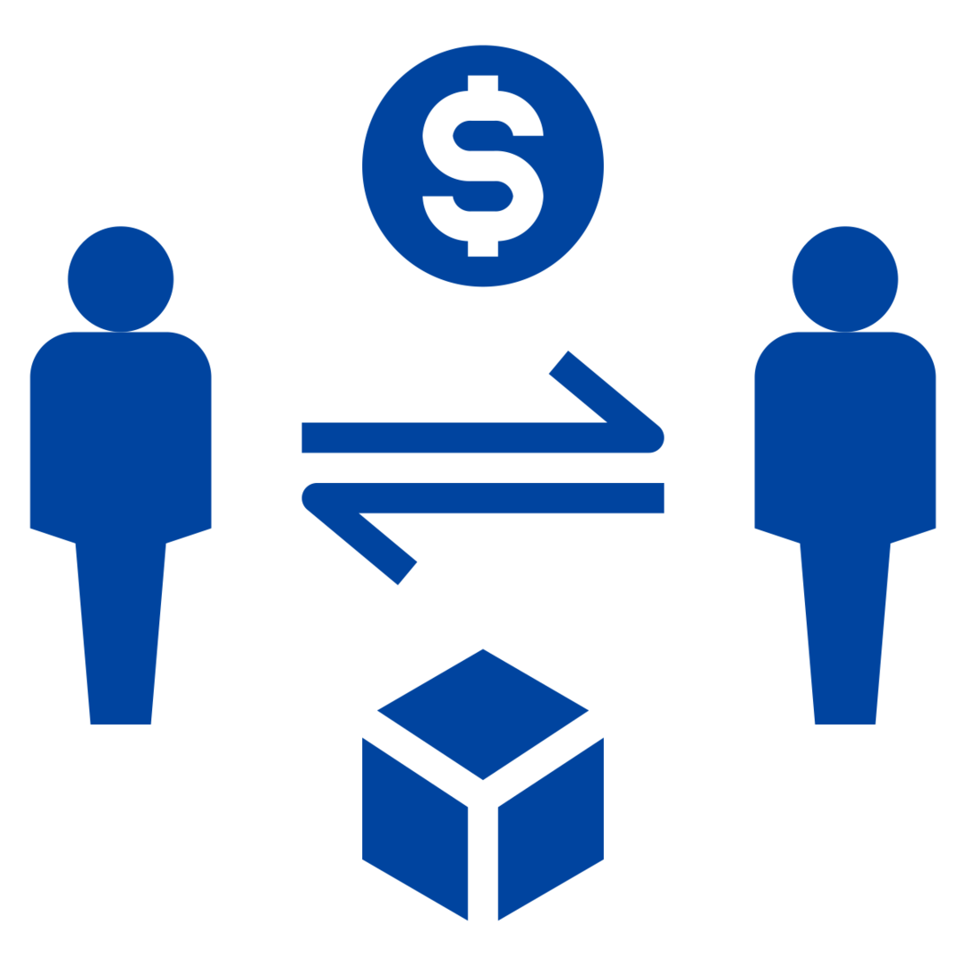 Two blue figures stand on either side, with an arrow pointing left and right between them. Above the arrow is a dollar sign, and a blue box is positioned below the arrow, indicating a transaction or exchange.