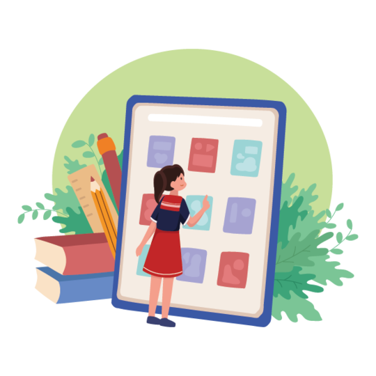 A girl in a red dress interacts with a large tablet displaying colorful app icons. Behind her are two books, a pencil, and green leaves, creating a cheerful, educational atmosphere.