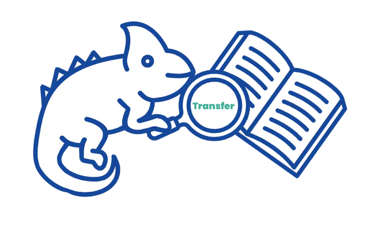 A friendly chameleon is holding a magnifying glass over an open book. Inside the magnifying glass, the word "Transfer" is written in green. The chameleon has a playful expression and spikes along its back.